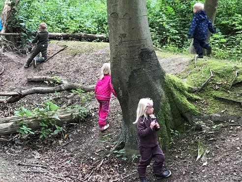 Børn leger i skoven